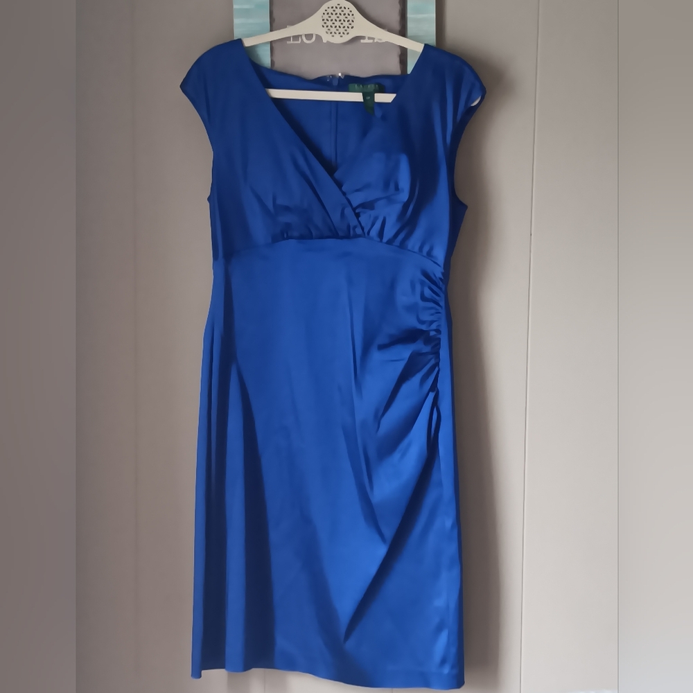 Vintage‼  Lauren Ralph Lauren Blue Dress Satin Stretch Sheath Size 14 P⚘️
